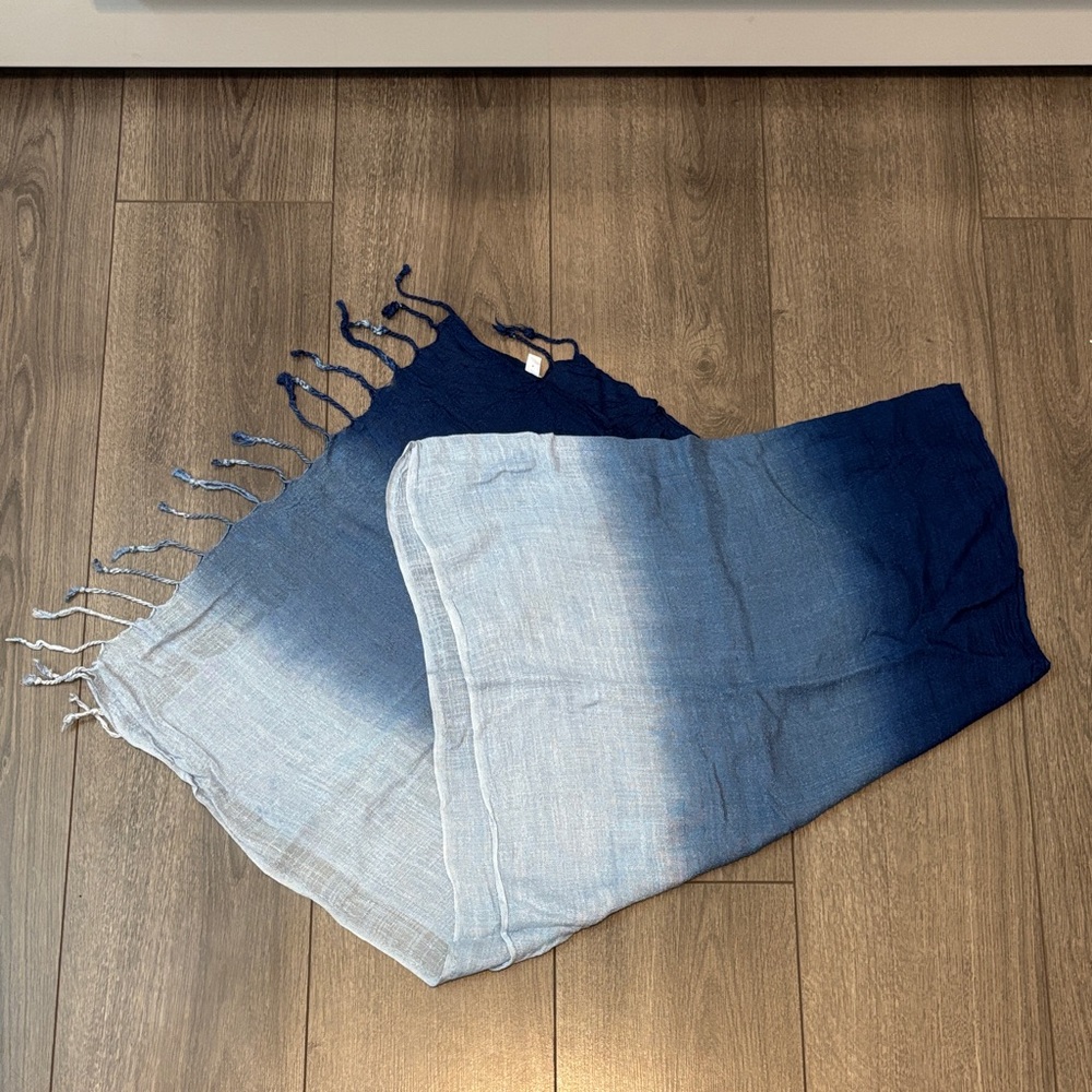 Blue Ombre Viscose Semi Sheer Scarf with Fringe